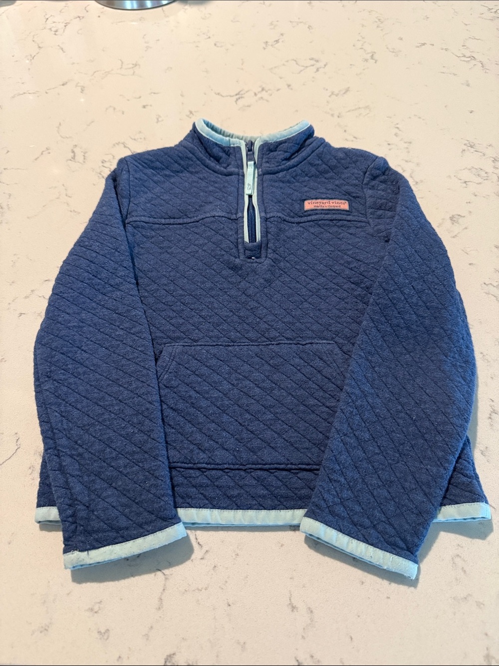 Vineyard Vines Kids The Shep Shirt Navy Quilted quarter Zip Light Blue Trim XS